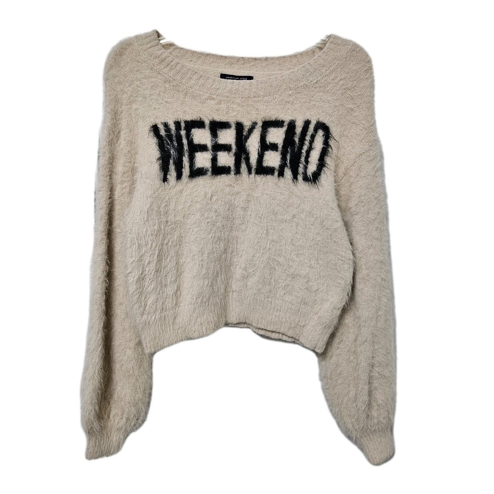 American Eagle Sweater Womens Sm Beige Weekend Graphic Eyelash Knit Fuzzy Crop